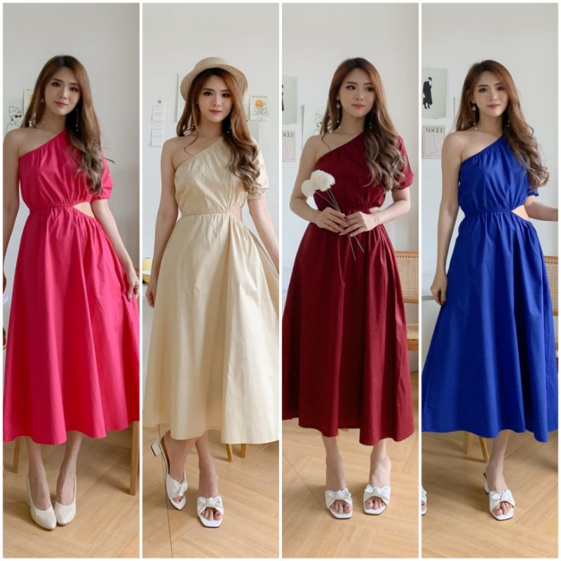 ❣️ SPECIAL PRICE ♡ PREMIUM ♡ ORIGINAL ! ANGIE VINTAGE PLAIN ONE SHOULDER SIDE LESS MIDI PARTY DRESS