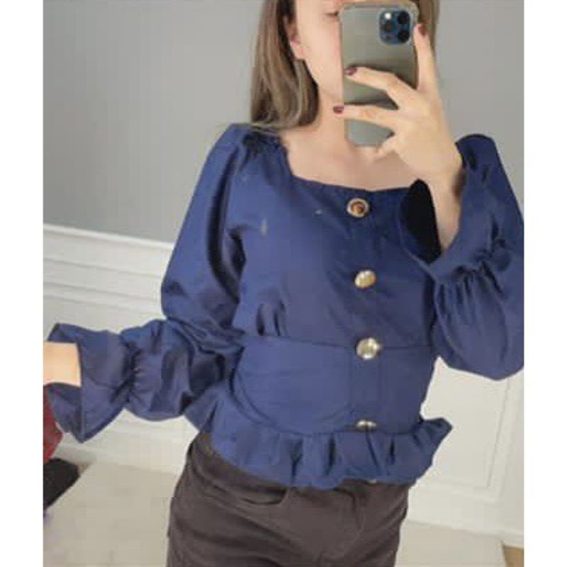 sharita button blouse navy crop top// atasan blus kancing lengan panjang wanita