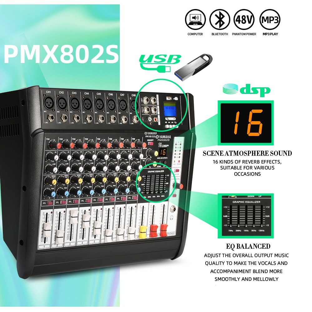 Mixer Audio Profesional  PMX802D 8 sound strip built-in 650 watt power amplifier * 2 saluran 16DSP Layer 2 Equalizer Mendukung pemutaran Bluetooth/USB/MP3/PC Peralatan bernyanyi luar ruangan KTV