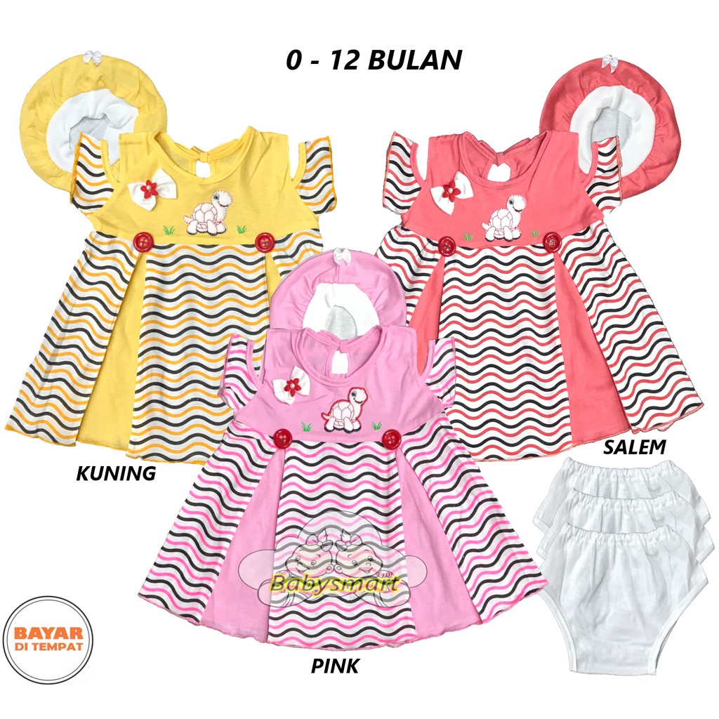 Babysmart - Baju bayi/Anak Dress Perempuan + TOPI motif TURTLE PLANET KIDS usia 0 -12 bulan