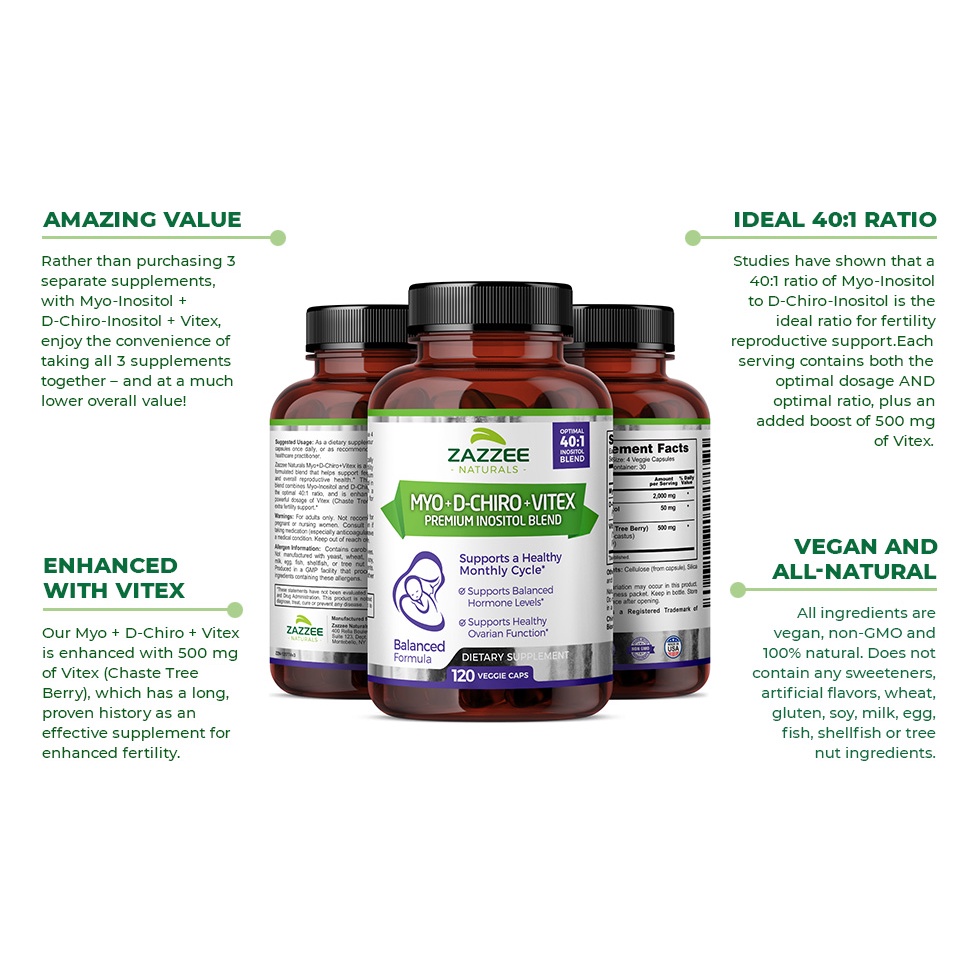 Zazzee Myo-Inositol + D-Chiro + VITEX, 120 Vegan Capsules, Optimal 40:1 Inositol Ratio, with 500 mg