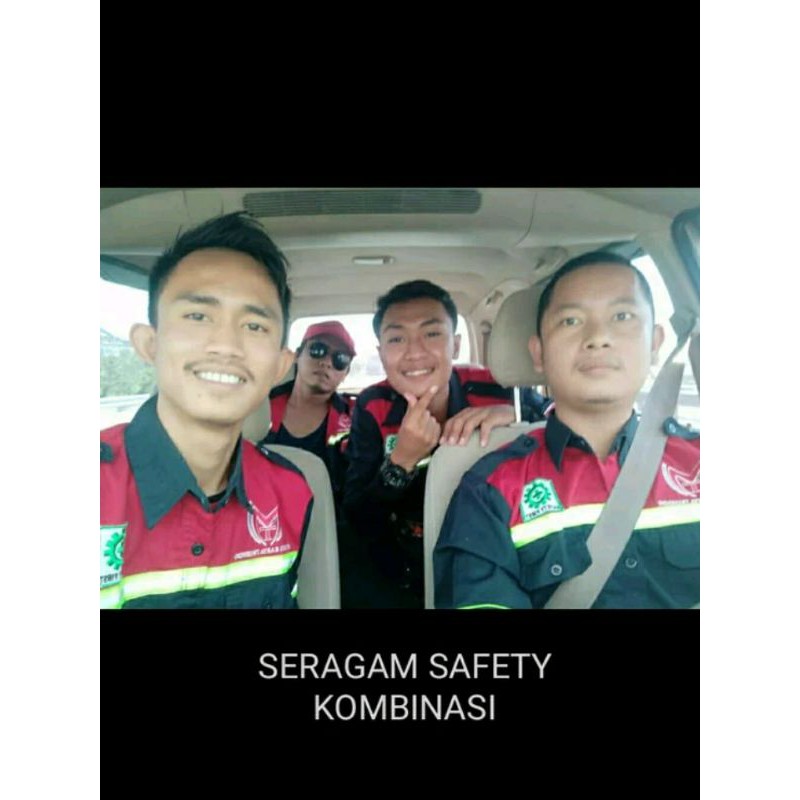 SERAGAM SAFETY DONGKER KOMBINASI MERAH KANCING SCOTLIGHT HIJAU KAIN DRILL