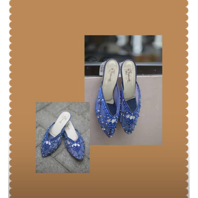 sepatu navy yohana brukat cantik bertaburan diamont dan mutiara