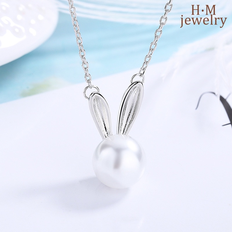 Kalung Mutiara Air Tawar Pendek Bentuk Telinga Kelinci Bahan S925 Silver