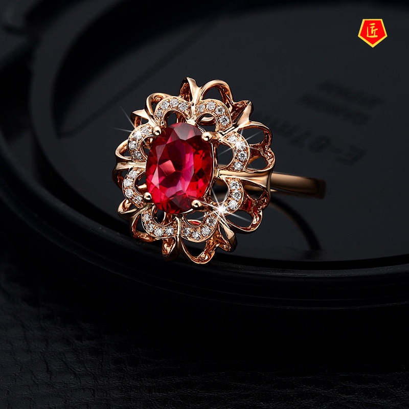 [Ready Stock]18K Rose Gold Inlaid Colored Gemstone Ring Elegant Advanced Exquisite