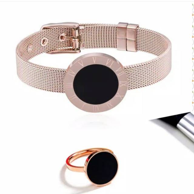 SET GELANG CINCIN BULAT HITAM TITANIUM ROSEGOLD