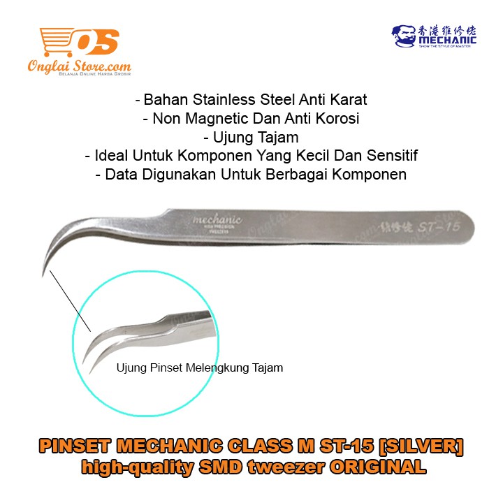 PINSET MECHANIC CLASS M ST-15 [SILVER] high-quality SMD tweezer ORIGINAL