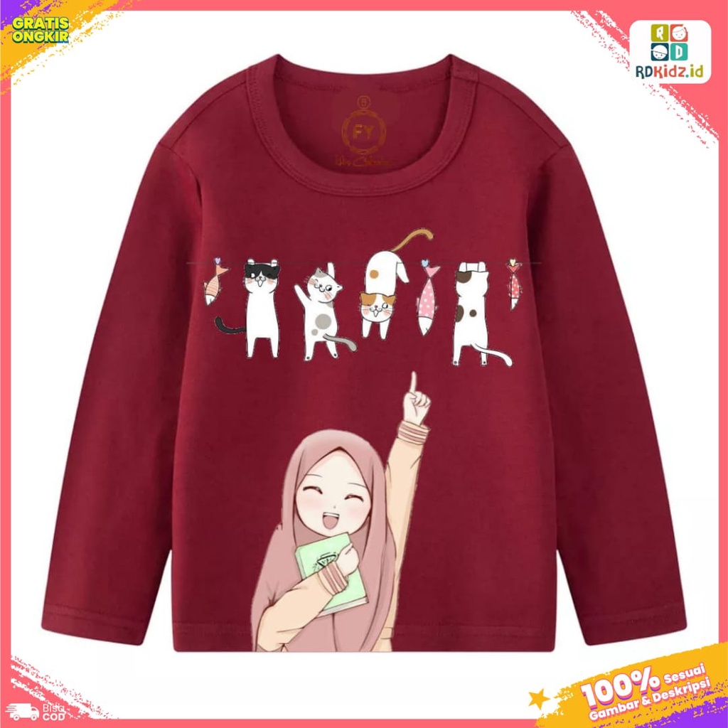 Rdkidzid Atasan Lengan Panjang Anak Perempuan Baju Kaos Sweater Islami Motif Muslim Maroon Anak Cewek