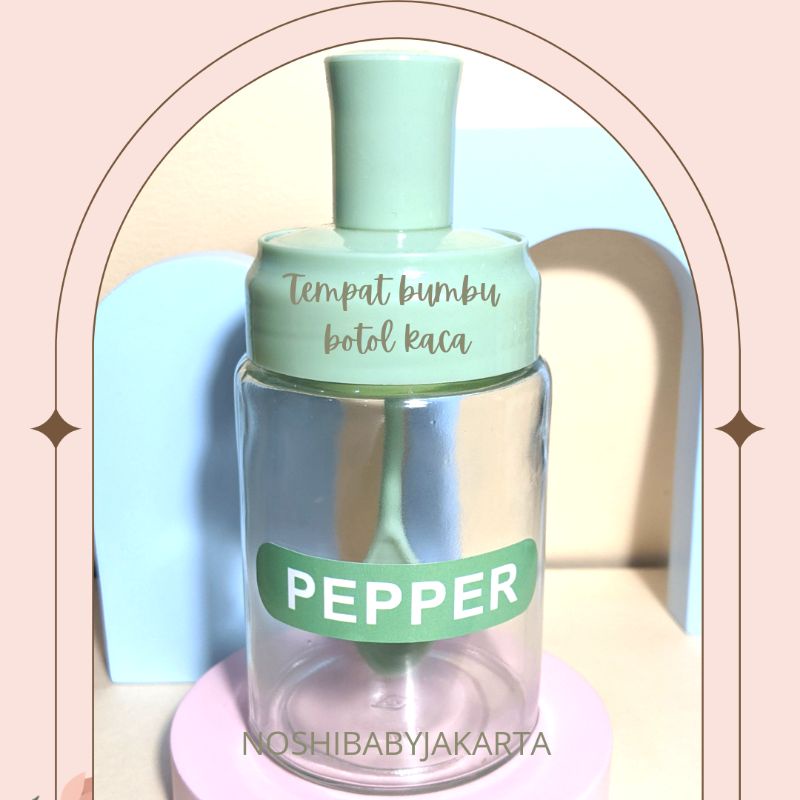 Tempat Bumbu Dapur Botol Kaca &amp; sendok warna Pink/Biru/Hijau / spices Glass Jar