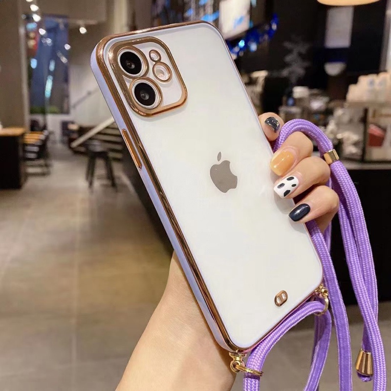 【Lanyard case iphone】TPU two-color casing iphone for iphone 12 pro max 12mini 11pro max electroplating anti-drop all-inclusive soft case iphone