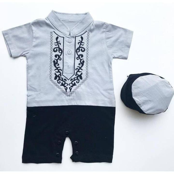 MO - BJ296 - JERKOCI 0-6 bulan jumper koko peci anak bayi romper laki cowok baby boy baju muslim-ABU