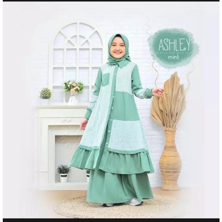 Setelan anak Model baru Ashley Kids  Baju Muslim Anak Gamis Anak Perempuan Baju Muslim Anak Usia7-13th Baju Muslim Anak Tanggung Setelan Rok dan Tunik anak bahan Katun Salur Bisa COD