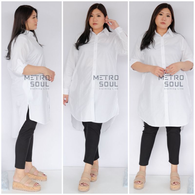 Tunik Kemeja Wanita Putih Polos Saku Samping ALLSIZE Fit To JUMBO Baju Kerja Kantor