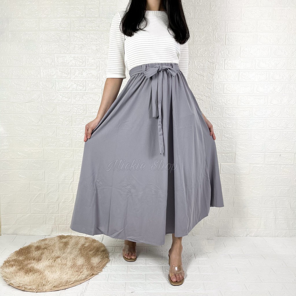 Rok Lebar Polos Payung Premium Import | Maxi Big Size | Flare Skirt Panjang |Mayung Basic Tali Jumbo-Light Grey Rok Tali