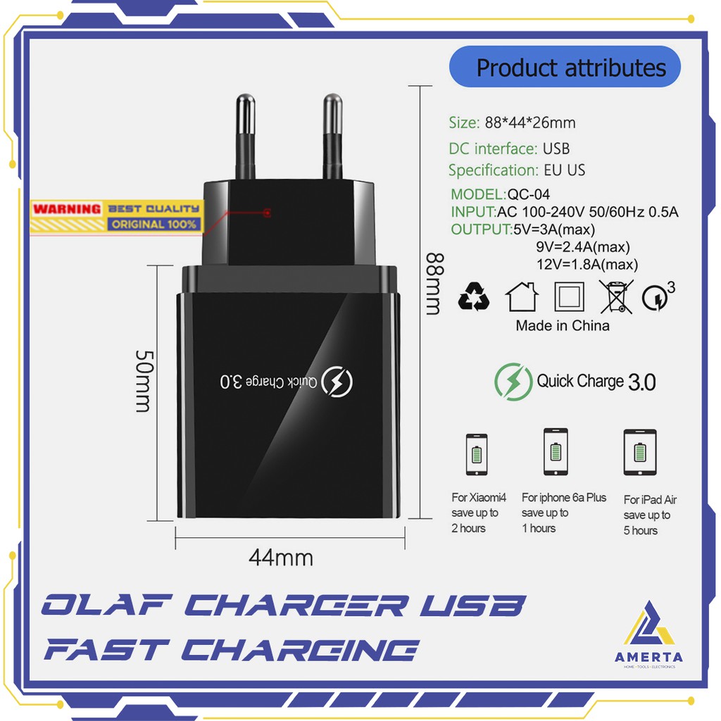 Kepala Charger OLAF USB Fast Charging QC3.0 4 Port 48W