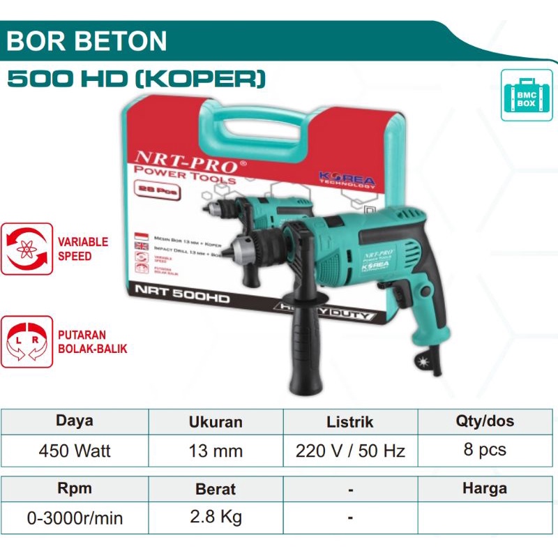 MESIN BOR 13MM IMPACT /BETON SET 28PCS 500HD NRT-PRO