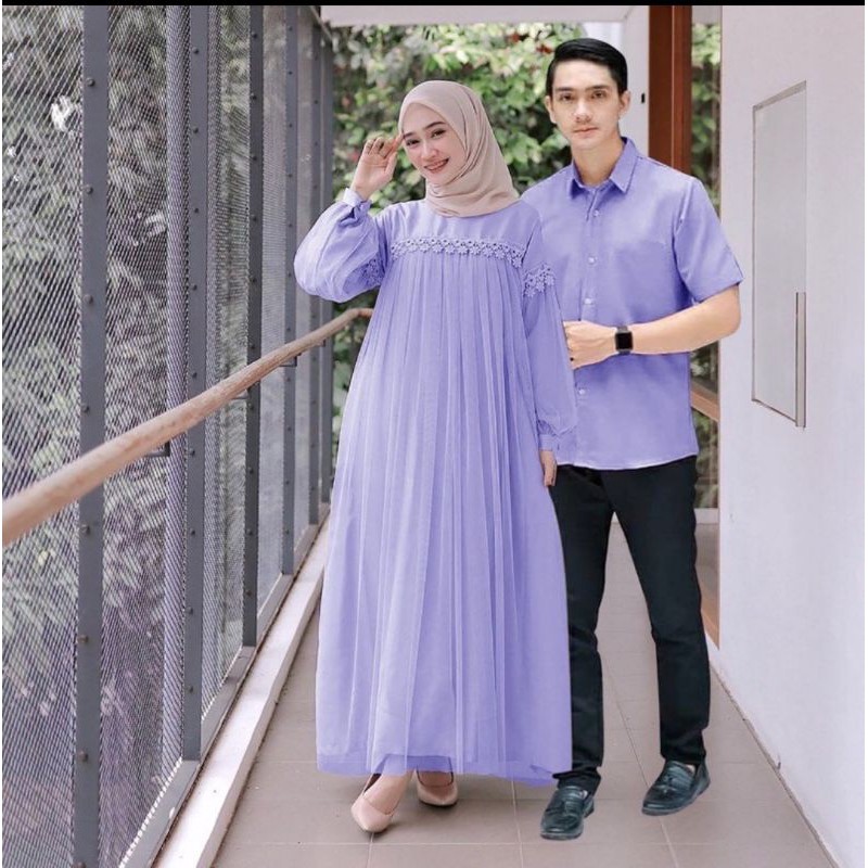 Baju Gamis Couple Cewek Cowok Nuraini Trend Terbaru Lebaran 2021 Lilac / Copel Suami Istri / Kopel