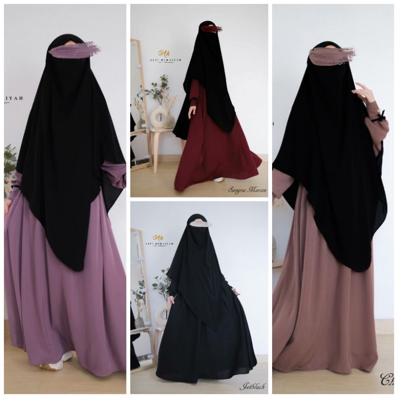 Terbaru Gamis Sakura dan French Khimar Jetblack by Alfi Huraiyah