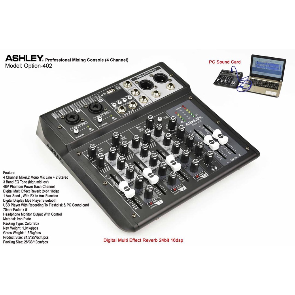 Mixer  4 Channel Ashley Option 402 Ashley Option-402 PC Soundcard Bluetooth Original