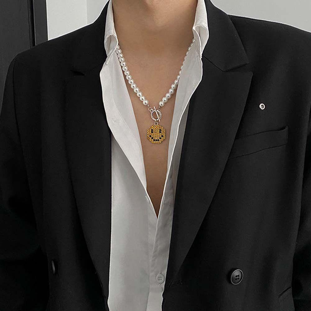 Nickolas1 Smiley Liontin Kalung Pria Wanita Minimalis Punk Hip Pop Mutiara Imitasi Kuba Rantai Fashion Perhiasan Choker Smiley Face Pendant Men Necklaces