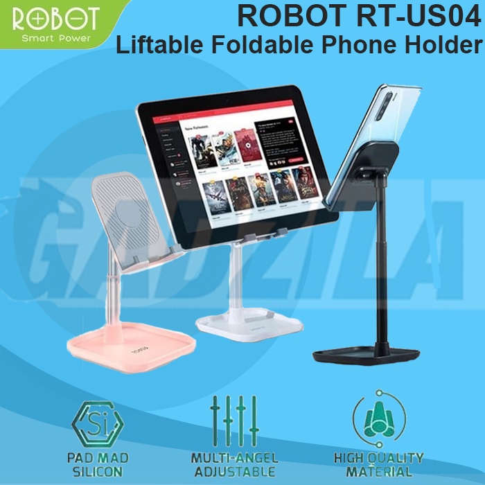 ROBOT RT-US04 PHONE HOLDER TABLE RT US04 FOLDABLE SMARTPHONE STAND HP IPAD ALLUMUNIUM ALLOY