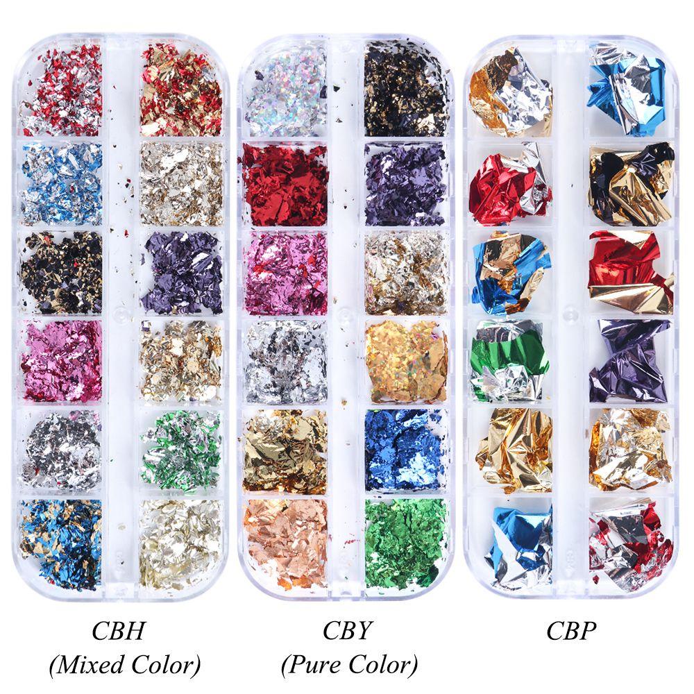 R-FLOWER 12kisi Kuku Payet Manicure Decor Cermin Chrome Pigmen Emas Perak Foil Kertas Serpihan Tidak Teratur