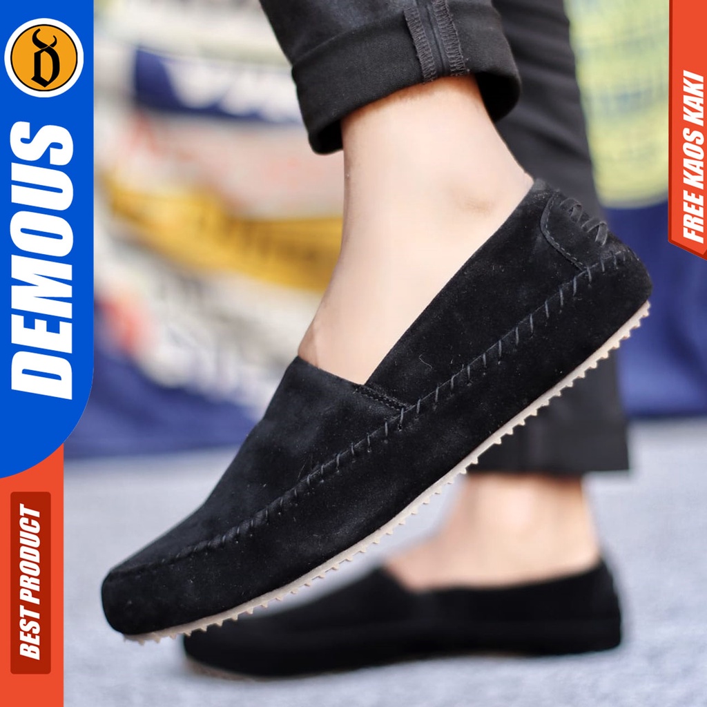 Sepatu Slip on Pria Santai Casual Formal Suede Kerja Kantor Kuliah Kondangan Hitam Keren Terbaru