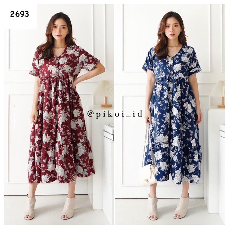 summer dress kancing wanita / dress busui bunga santai / floral dress vintage full kancing 2693