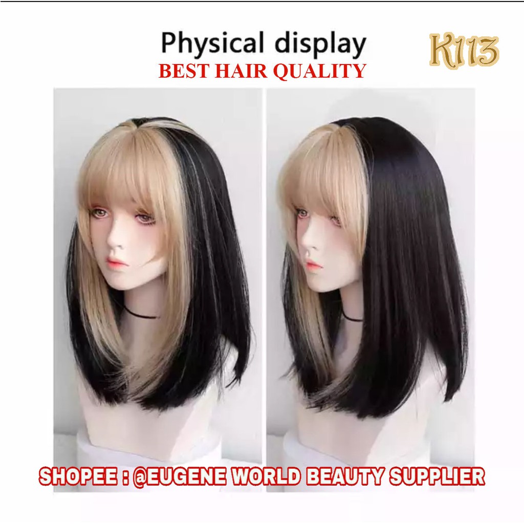 WIG WANITA PENDEK LURUS BOB HITAM BLONDE PONI KOREA PONI DEPAN WIG KOREA NATURAL K114