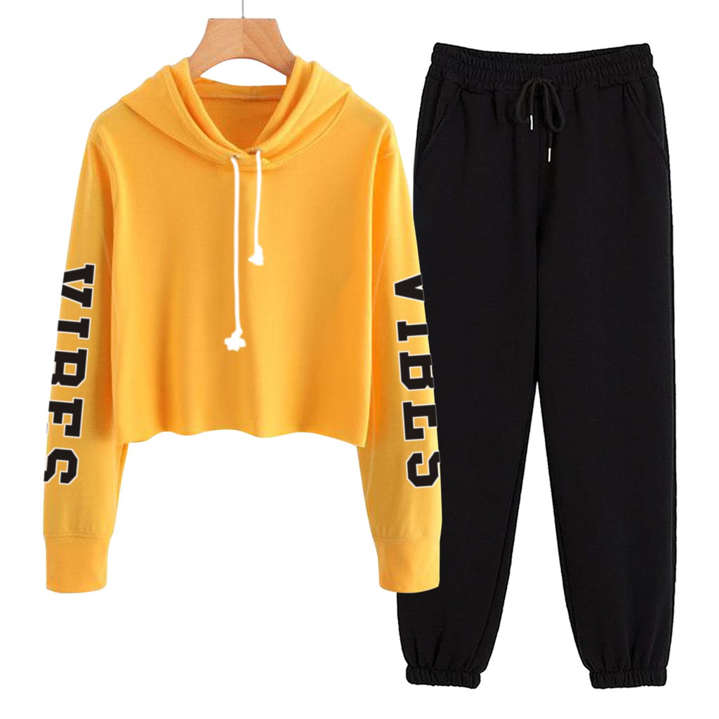 BESS - Baju Setelan Wanita Murah / Setelan Hoodie Crop + Jogger Hitam - VIBE TANGAN