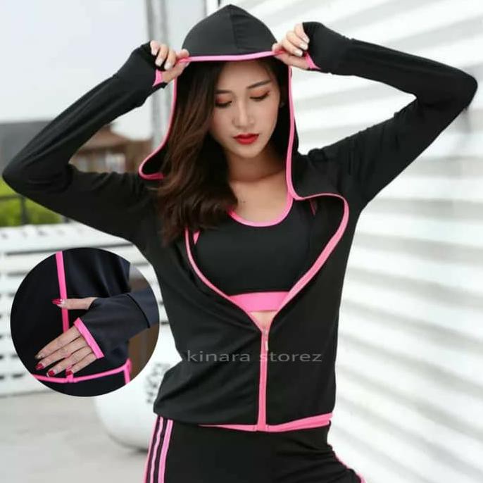 Jaket Sport topi Gym Fitness Wanita Baju lengan Panjang Olahraga Senam - Orange, L BBZ44
