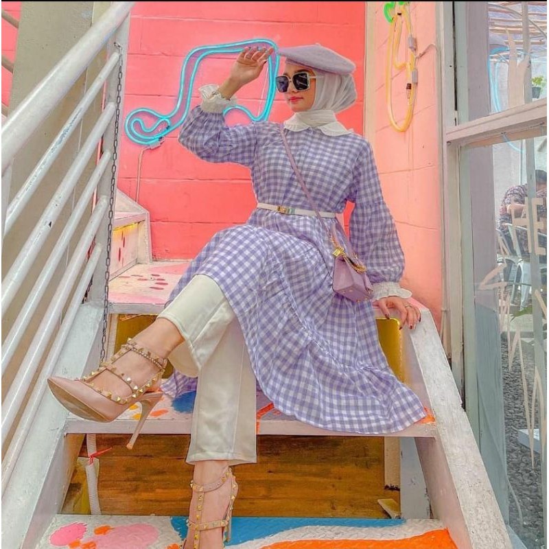 Ayana Tunik Atasan Long Tuniq Kotak Kotak Lilac Katun Premium Outfit Muslim