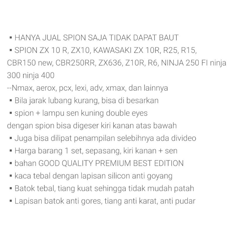 Spion Model Ninja ZX10R Ninja 250FI R25 - R15 - CBR 150 - 250 - GSX - DLL Plus Packingan Buuble Warp + kardus paking aman