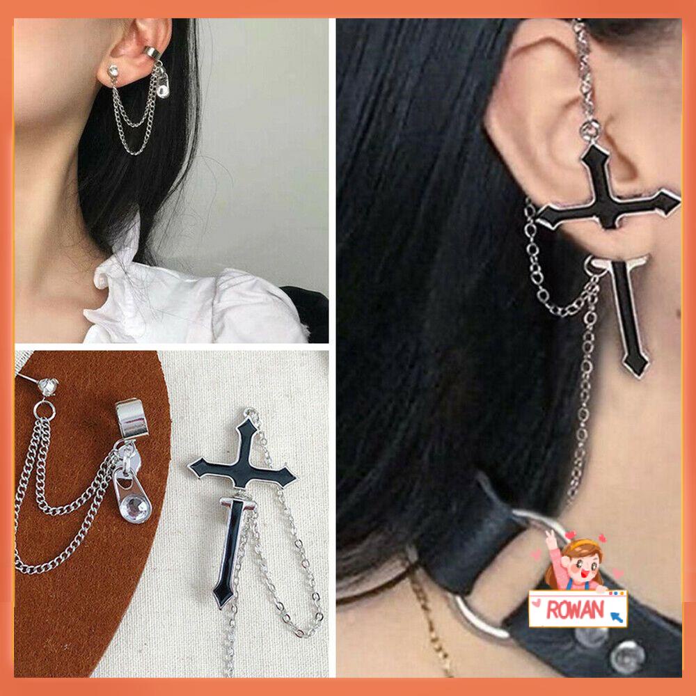 ROW 1PC Unisex Cross Earrings Party Jewelry Zipper Dangle Drop Long Chain Stud Earrings European Style Fashion Brincos Vintage Punk