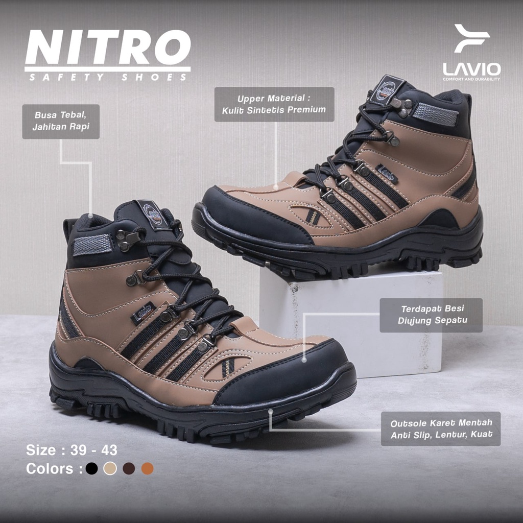 Sepatu Safety Boot Tinggi Pria Lavio Nitro High dengan Ujung Besi Sefty Cowok Bahan Karet Mentah Anti Slip Outdoor Kerja Lapangan Proyek