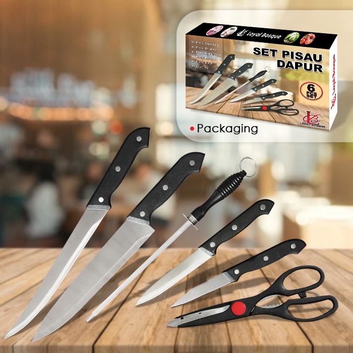 Set Pisau Dapur Lengkap Fullset 6 Pcs In 1 Super Tajam Stainless Steel | Pisau Daging | Pisau Sayur | Asahan Pisau | Gunting | Pisau Buah Perlengkapan Dapur Rumah Tangga Kitchen Knife Set Import - J3 - LuckyStar