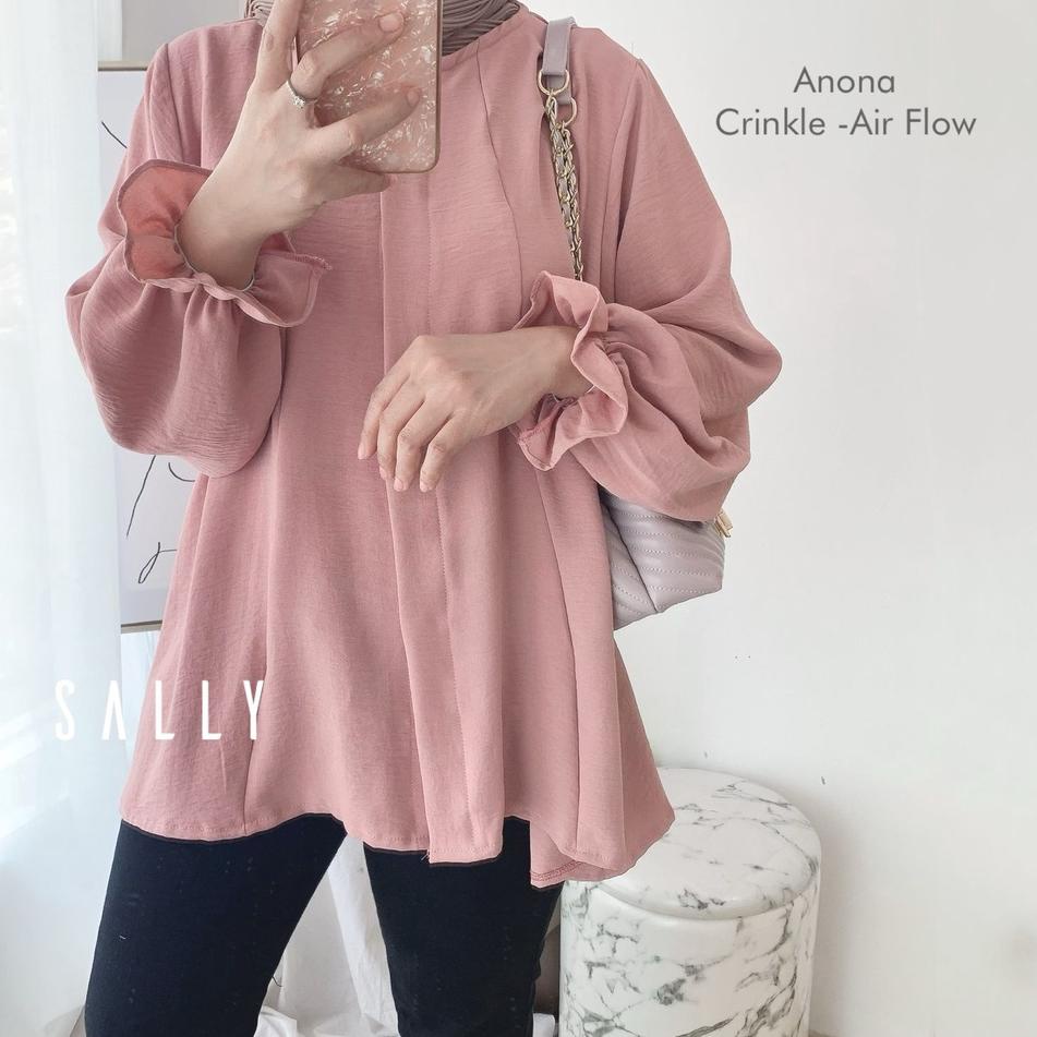 ♙ Anona crinkle airflow blouse wanita busui full kancing / oversized ☜