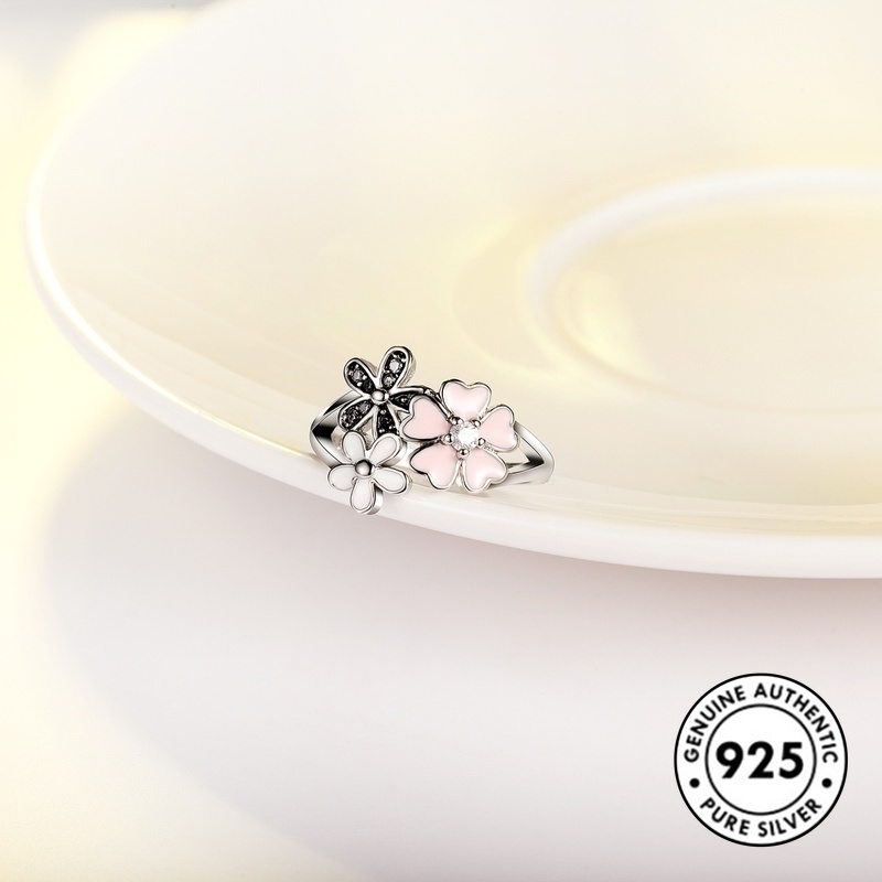 Cincin Sterling Silver 925 Desain Bunga Sakura Hias Berlian Imitasi Warna Pink Untuk Wanita