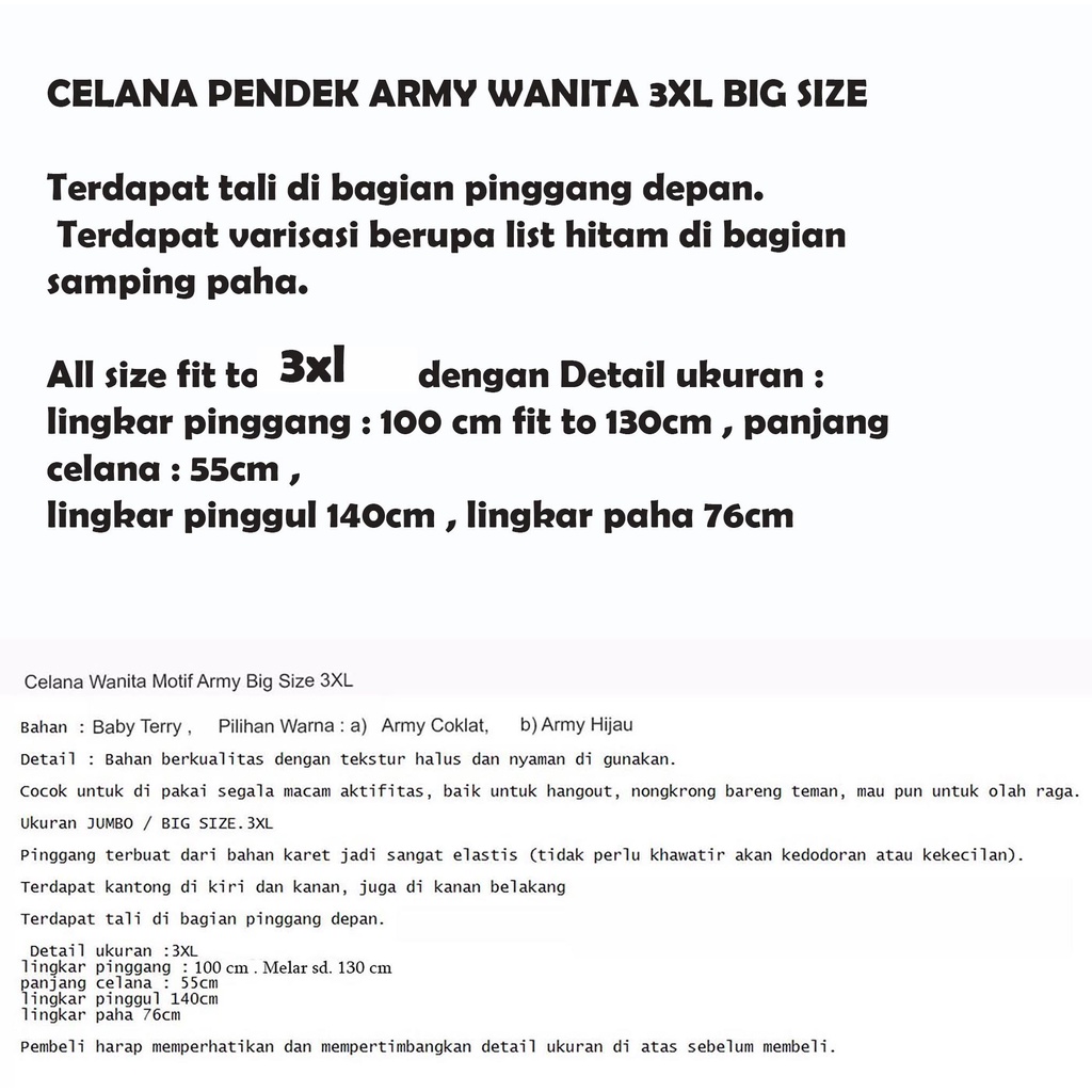 Celana Pendek Wanita Big Size Army 3XL Ecci / Celana Army Jumbo - JCCollections