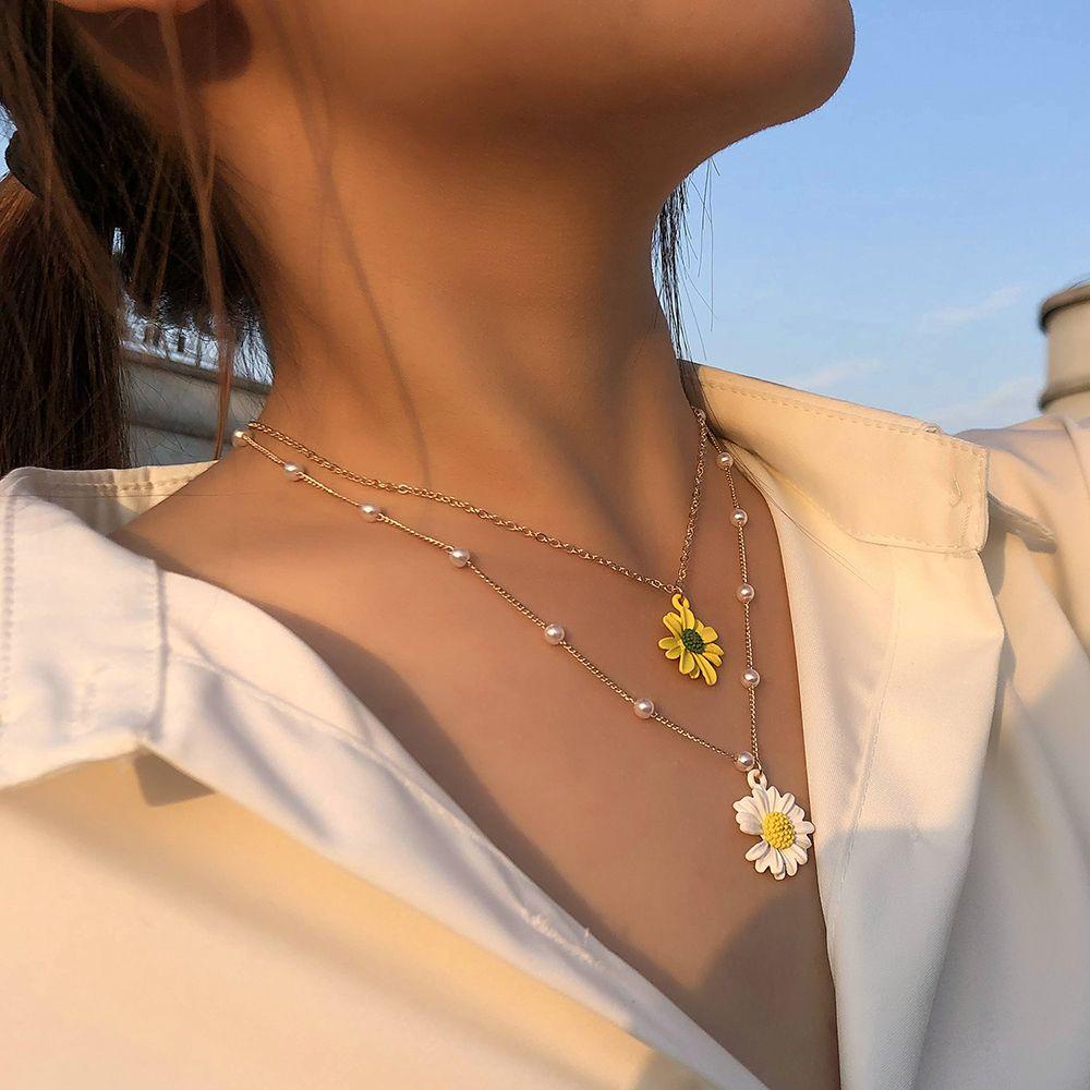 Hadiah Kalung Bunga LILY Daisy Ornamen Perempuan Kuning Putih Double Layered