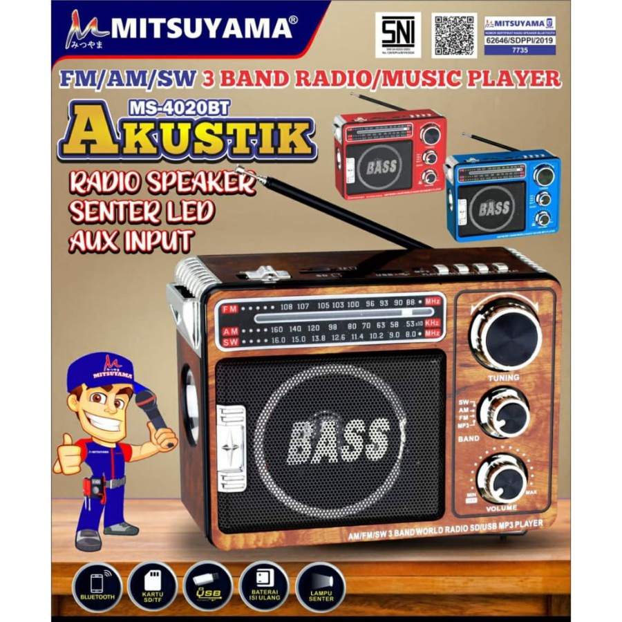 COD RADIO BLUETOOTH 3 BAND MITSUYAMA MS-4020BT AKUSTIK FM/AM/SW 3 BAND RADIO/MUSIC PLAYER / RADIO X-BASS MITSUYAMA MS-4020BT AKUSTIK 3 BAND