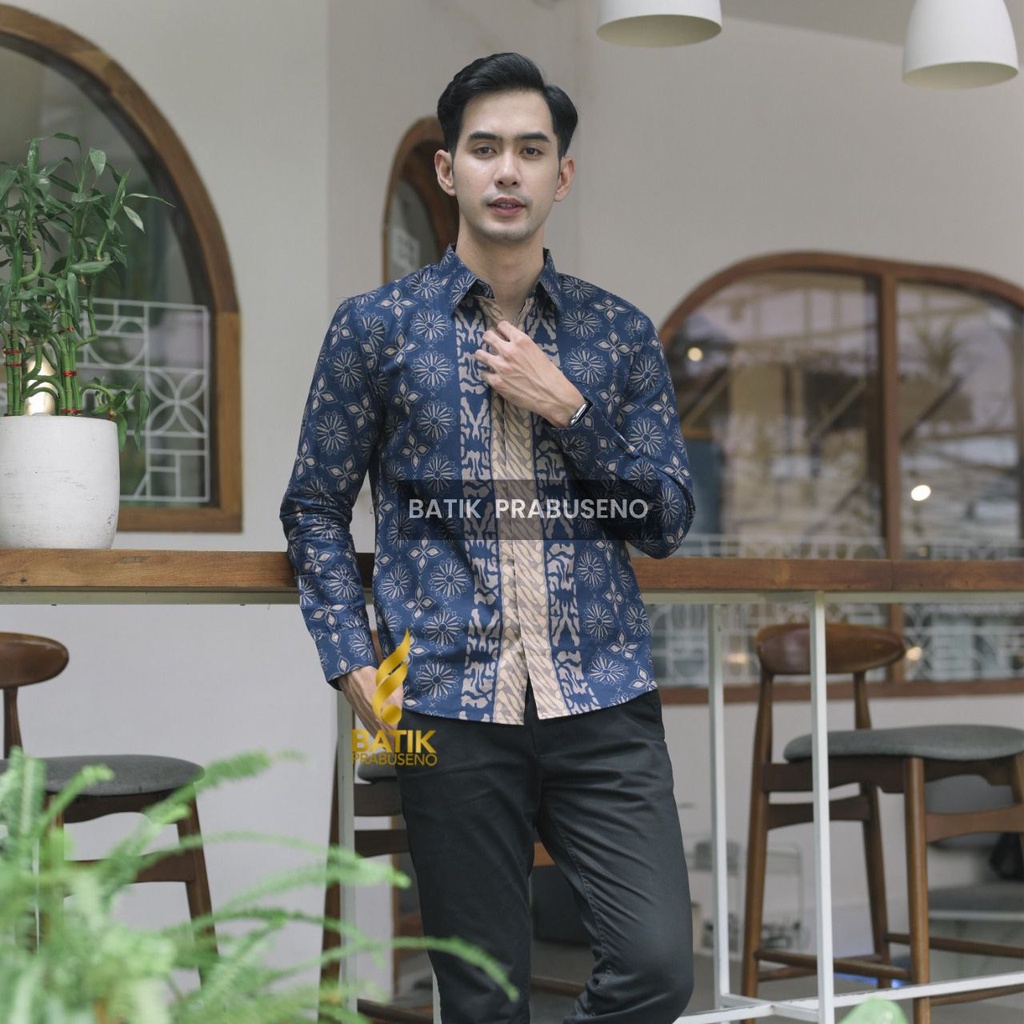 Kemeja Hanun navy BATIK PRIA LENGAN PANJANG KEMEJA SLIM FIT SLIMFIT ORIGINAL PRABUSENO ATASAN DEWASA