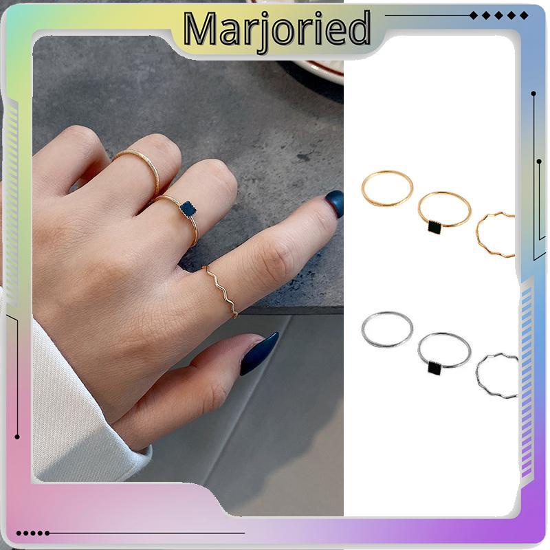 Cincin Zirkon Hitam Cincin Tiga Bagian Wanita High-end Sederhana Desain Niche Persegi Kecil-MJD