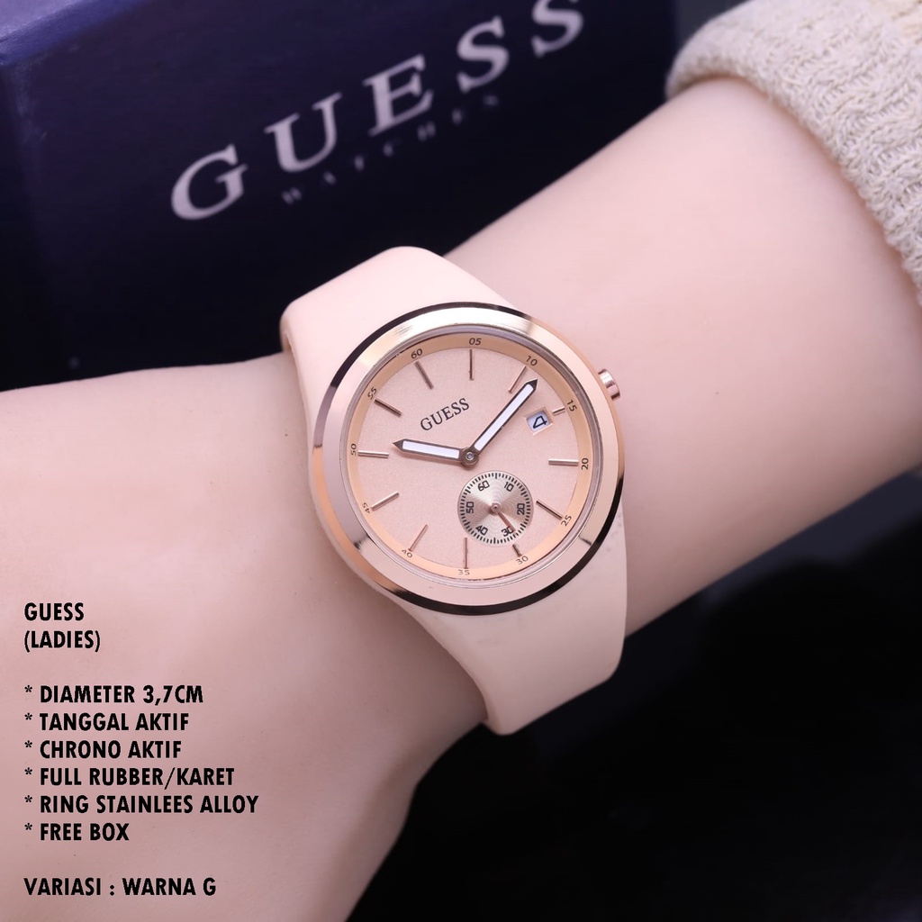 (BISA COD) JAM TANGAN WANITA GUESS TALI RUBBER BODY BULAT TANGGAL &amp; CHRONO AKTIF