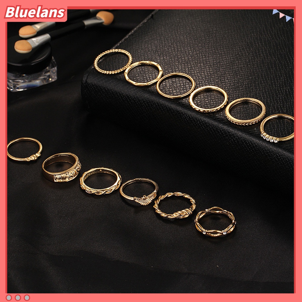 Bluelans 12Pcs Lady Retro Twisted Carved Knuckle Finger Rings Rhinestone Ring Set Jewelry