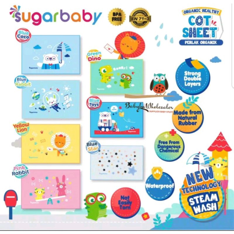 Perlak bayi JUMBO 90x60 Cm Alas Ompol Motif Berkualitas SUGAR BABY ORGANIC HEALTHY COT (DUS)