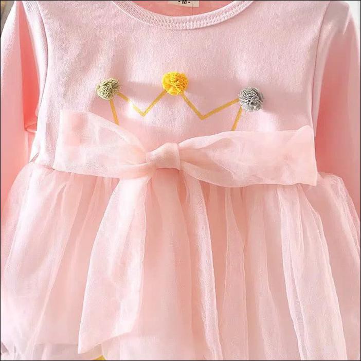 DRESS BAYI MAHKOTA IMPORT PINK, DRESS ANAK LENGAN PANJANG PINK IMPORT