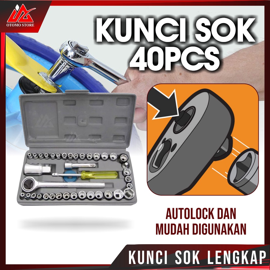 KUNCI SOK 40PCS Kunci Sok Shock Soket 40Pcs Set Tool Box dengan 1/4&quot; Rachet