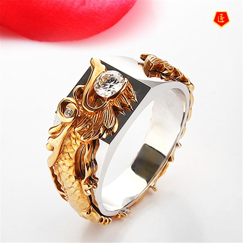 [Ready Stock]Domineering Dragon Pattern Color Separation Ring 18K Gold Diamond