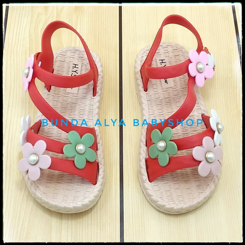 Sendal Anak Perempuan IMPORT Usia 4 5 6 Tahun MERAH - Sepatu Sandal Anak Cewek Tali Bunga Elastis Alas Karet Anti Licin